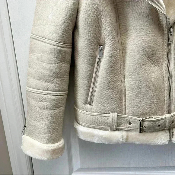 Topshop Cora Faux Shearling Moto Aviator Biker Jacket Cream Ecru Size 4 NWOT - Picture 7 of 16